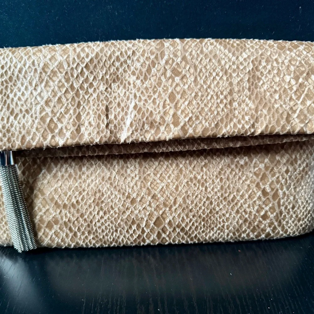 Banana Republic Textured Tan Foldover Clutch Silver Tassel